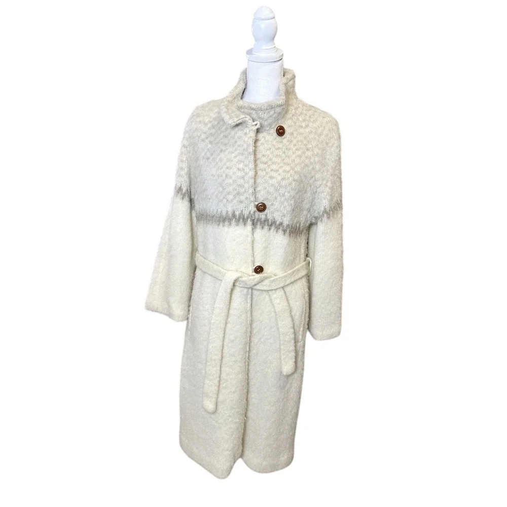 Vtg Karen Isull Of Iceland Wool Mohair Belted Duster Coat Cardigan Cream Brown L
